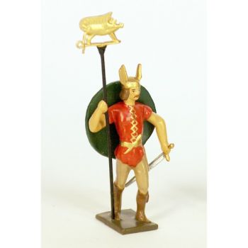 gaulois casque ail&eacute;, tenue rouge, avec embl&egrave;me et bouclier dans le dos