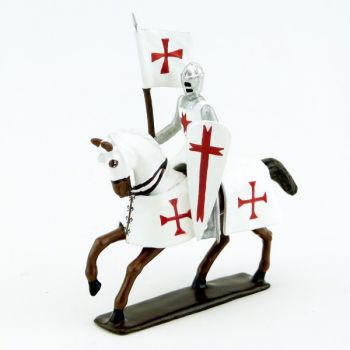 Templier &agrave; cheval, grand heaume, porte-bani&egrave;re sur cheval alezan