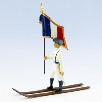 drapeau des chasseurs alpins en tenue d'hiver (blanc) &agrave; skis