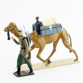 l&eacute;gionnaire en capote tirant un dromadaire avec caisses &agrave; munitions