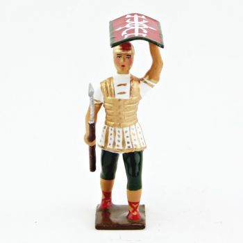 Romain avec bouclier au-dessus de la tête, uniforme blanc-or-vert, bouclier cad