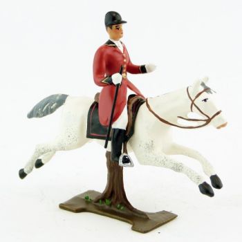 sonneur, trompe autour du corps, sur cheval blanc au galop sur tronc