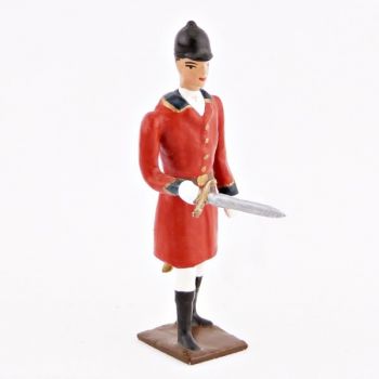 Veneur, veste rouge &agrave; parements noir, avec dague &agrave; la main