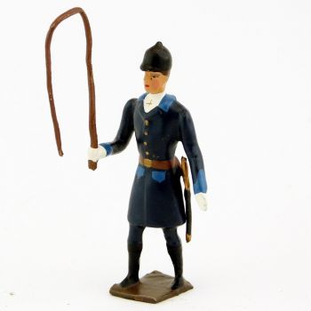 Veneur, manteau bleu Pompiers &agrave; parements bleu Gentiane, avec fouet &agrave; la main