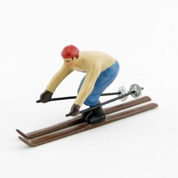 Skieur, ann&eacute;es 20, blouson marron et pantalon rouge