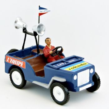 Jeep bleue avec pavillons de m&eacute;gaphone (+ chauffeur) en coffret rouge