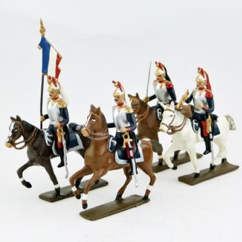 Cuirassiers à cheval 1914, pantalon garance, ensemble de 4 cavaliers