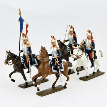 Cuirassiers &agrave; cheval 1914, pantalon garance, ensemble de 4 cavaliers