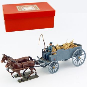 charrette hippomobile non bâchée (2 chevaux, 1 personnage) en coffret rouge