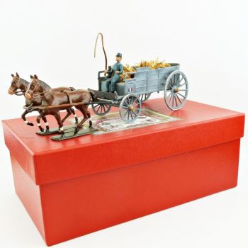 charrette hippomobile non bâchée (2 chevaux, 1 personnage) en coffret rouge