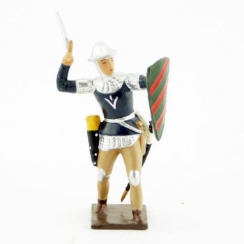 archer anglais, tunique bleue, avec &eacute;p&eacute;e en l'air et bouclier